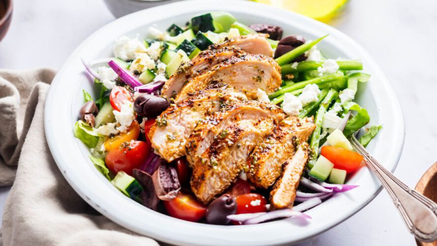 Grilled Rooster Greek Salad {Prepared in 20 Minutes!}