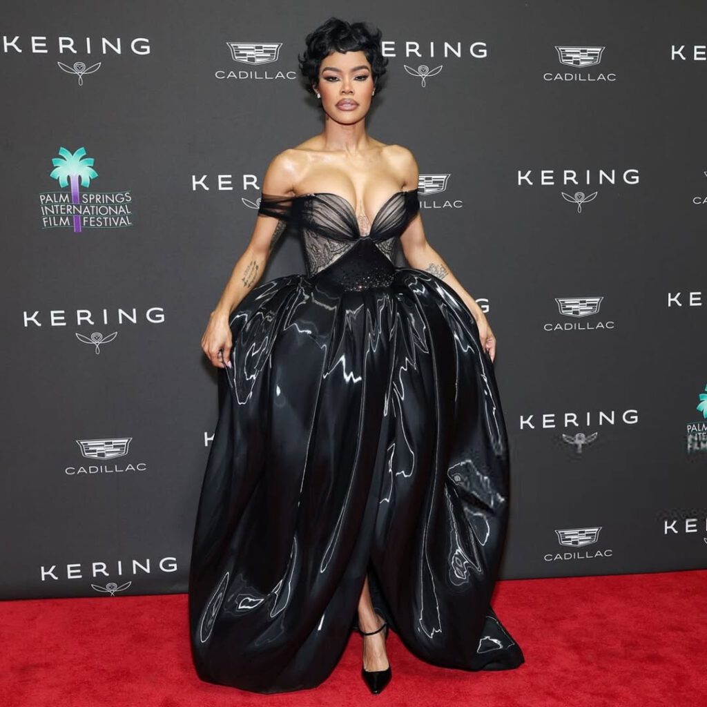 Teyana Taylor wears Miss Sohee SS25 couture to the 2025 Palm Springs International Film Festival Film Awards.