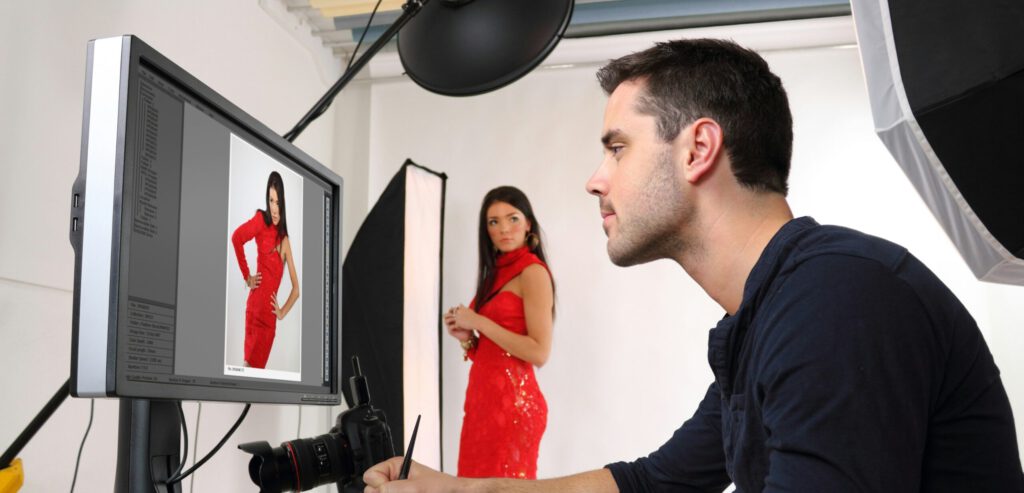 man editing image of woman remove background