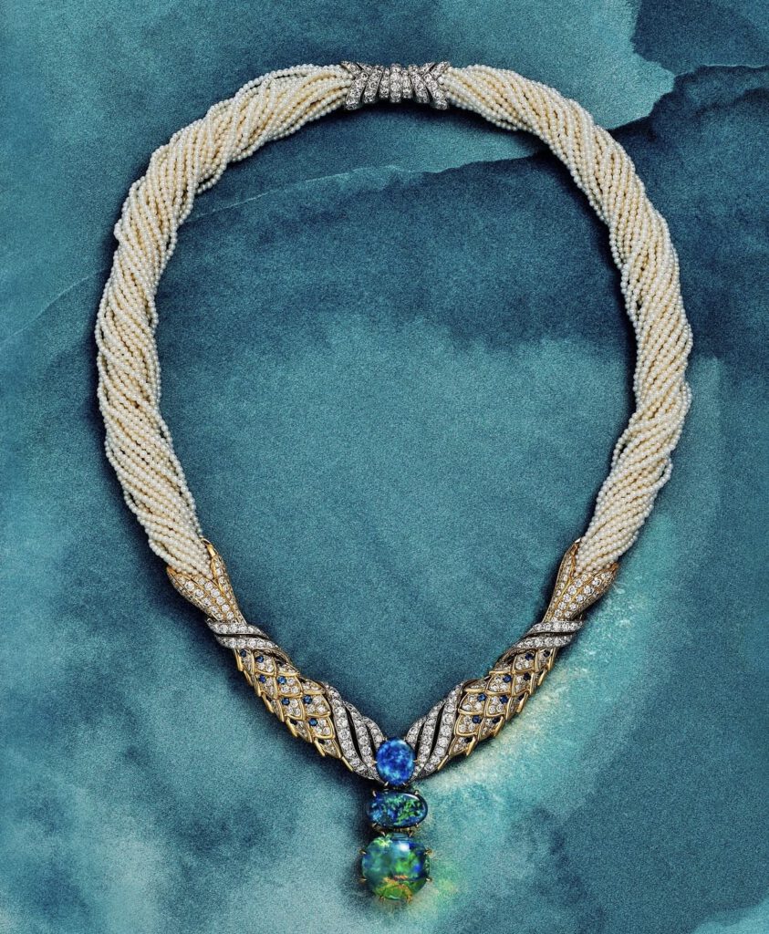 Close-up of Tiffany & Co. layered modern pearl necklace