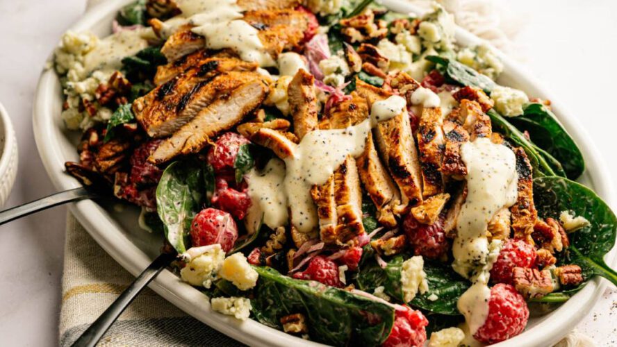Summer season Raspberry Spinach Salad with Balsamic Grilled Hen