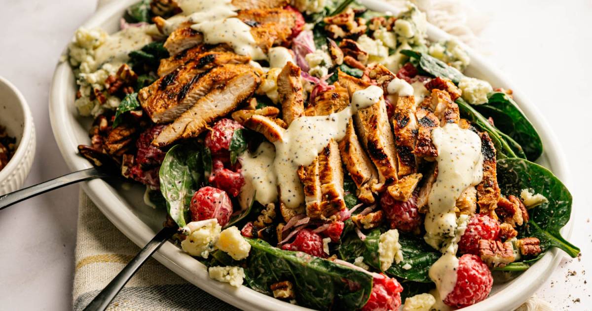 Summer season Raspberry Spinach Salad with Balsamic Grilled Hen