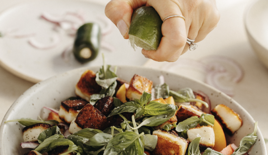 Tomato Nectarine Halloumi Salad with Basil and Jalapeño