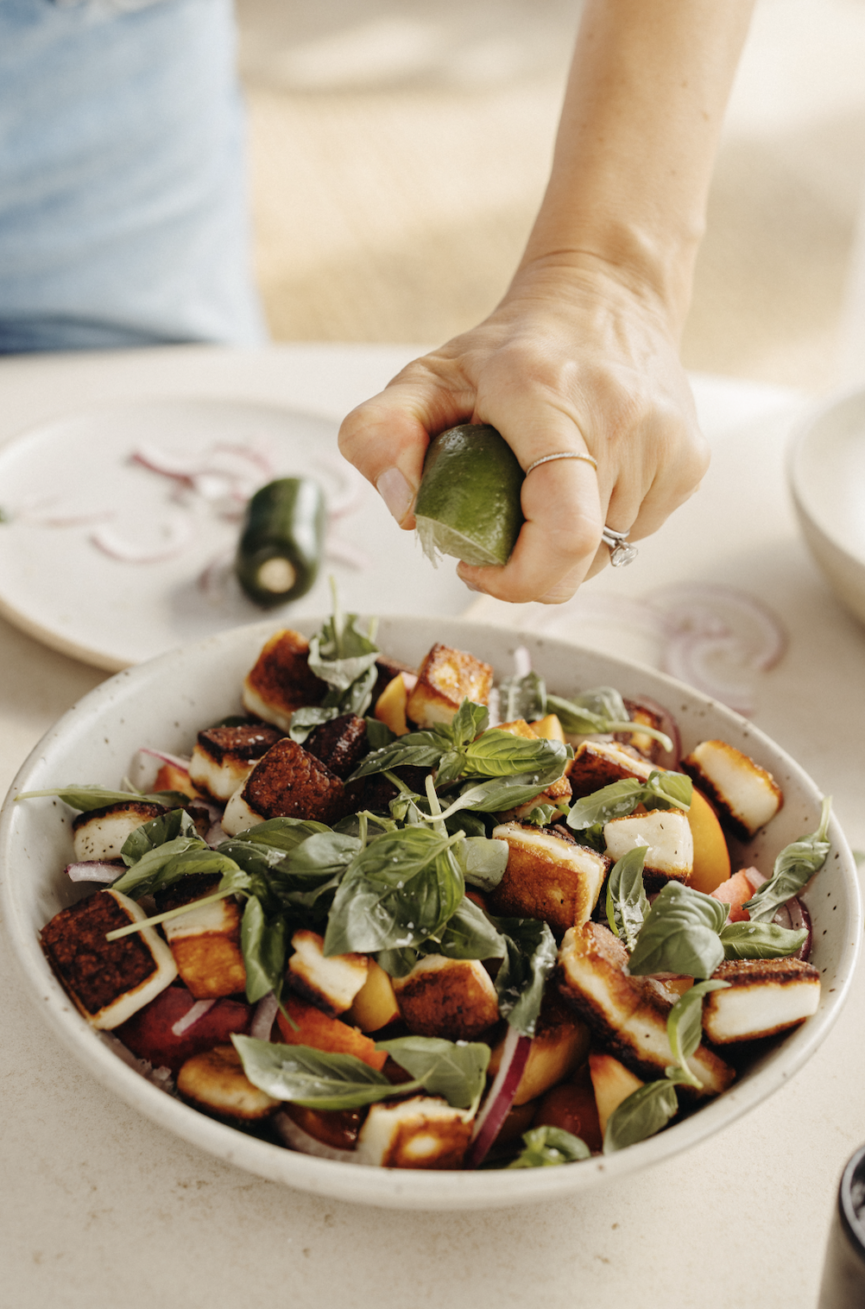 Tomato Nectarine Halloumi Salad with Basil and Jalapeño