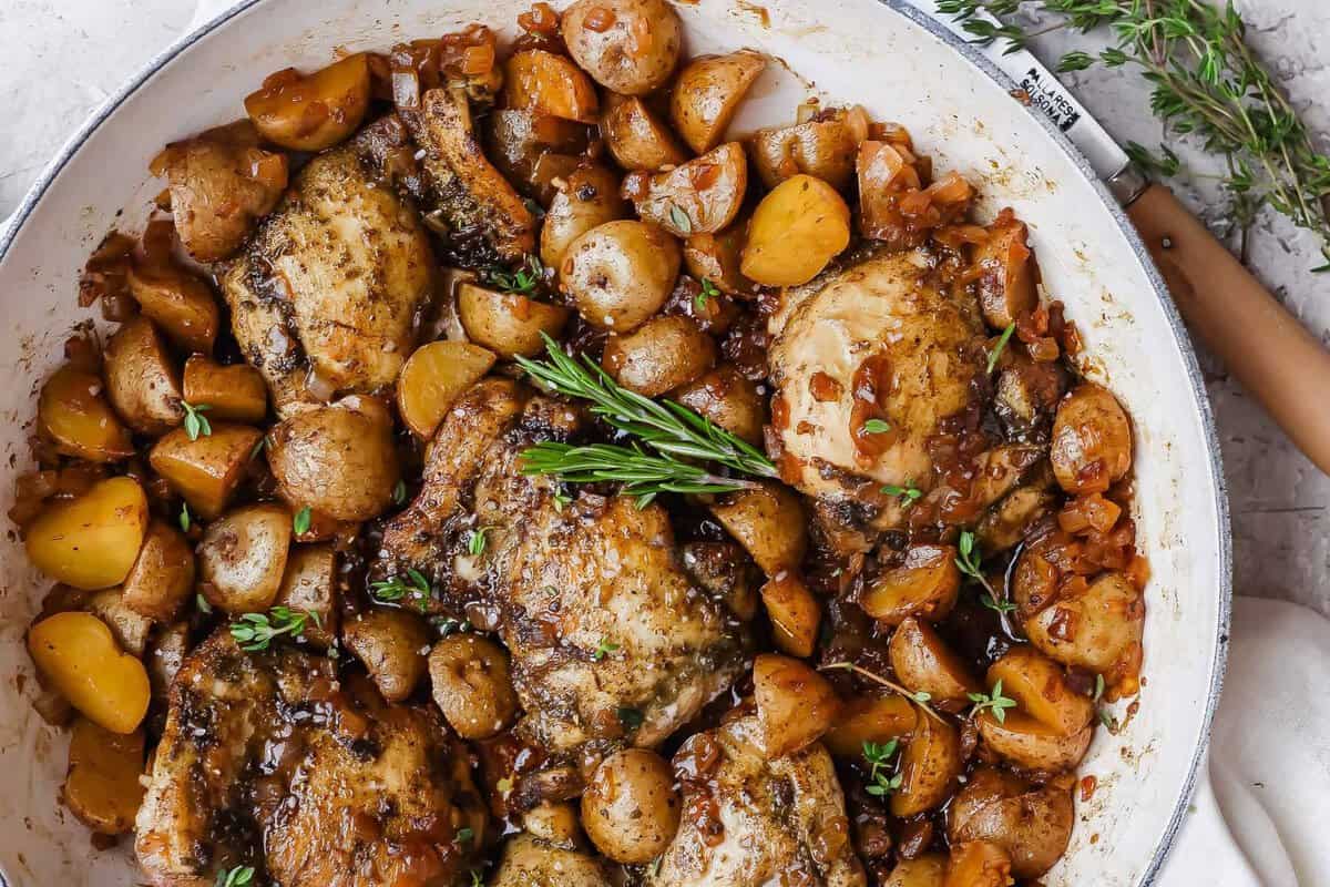 Apple Cider Rooster Thighs (One-Skillet Dinner)