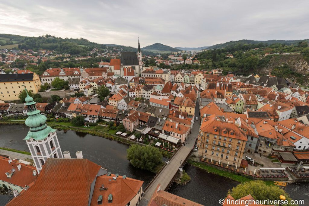 Český Krumlov old town, St Vitus Church and the Vltava from the castle tower